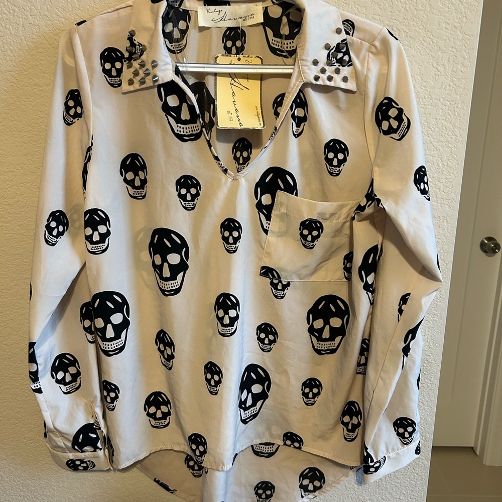 Skull Print Blouse with Studded Collar